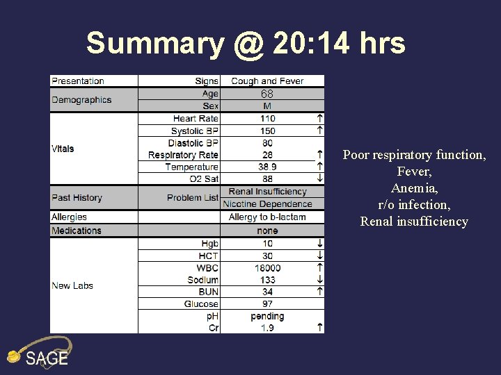Summary @ 20: 14 hrs 68 Poor respiratory function, Fever, Anemia, r/o infection, Renal