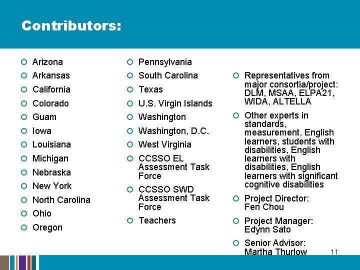 Contributors: Arizona Pennsylvania Arkansas South Carolina California Texas Colorado U. S. Virgin Islands Guam Contributors: Arizona Pennsylvania Arkansas South Carolina California Texas Colorado U. S. Virgin Islands Guam