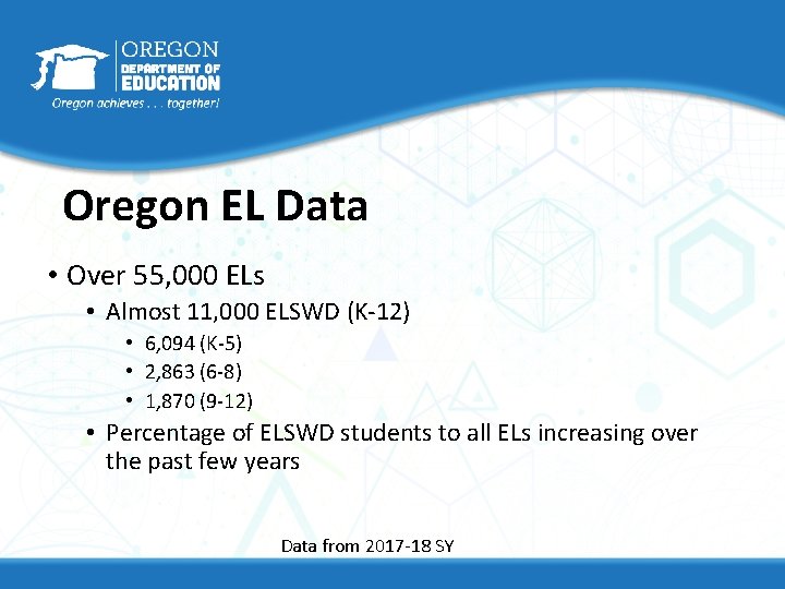 Oregon EL Data • Over 55, 000 ELs • Almost 11, 000 ELSWD (K-12) Oregon EL Data • Over 55, 000 ELs • Almost 11, 000 ELSWD (K-12)