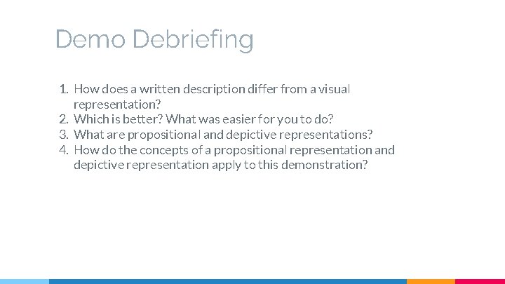 Demo Debriefing 1. How does a written description differ from a visual representation? 2.