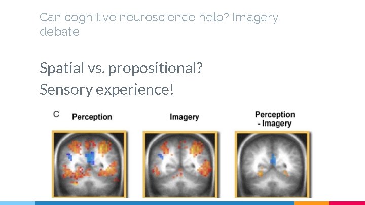 Can cognitive neuroscience help? Imagery debate Spatial vs. propositional? Sensory experience! 