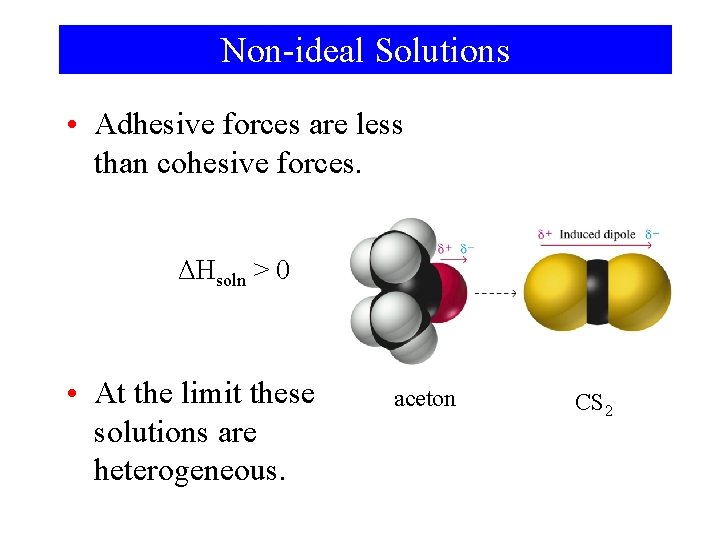 Non-ideal Solutions • Adhesive forces are less than cohesive forces. ΔHsoln > 0 •