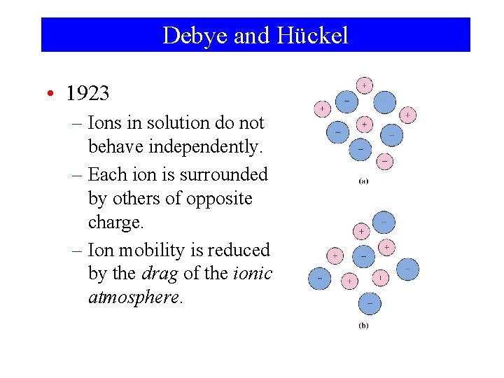 Debye and Hückel • 1923 – Ions in solution do not behave independently. –