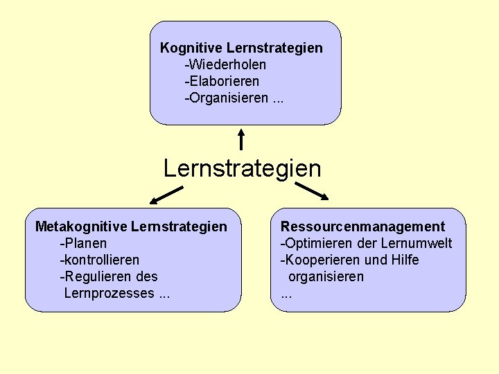 Kognitive Lernstrategien -Wiederholen -Elaborieren -Organisieren. . . Lernstrategien Metakognitive Lernstrategien -Planen -kontrollieren -Regulieren des