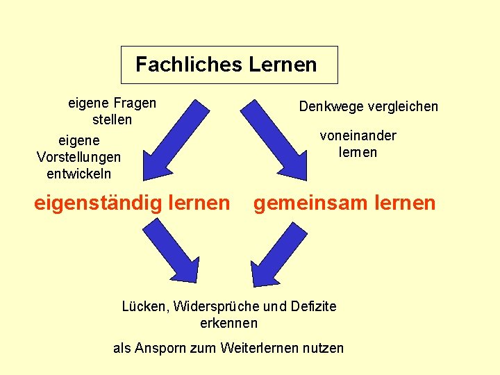 Fachliches Lernen eigene Fragen stellen eigene Vorstellungen entwickeln eigenständig lernen Denkwege vergleichen voneinander lernen