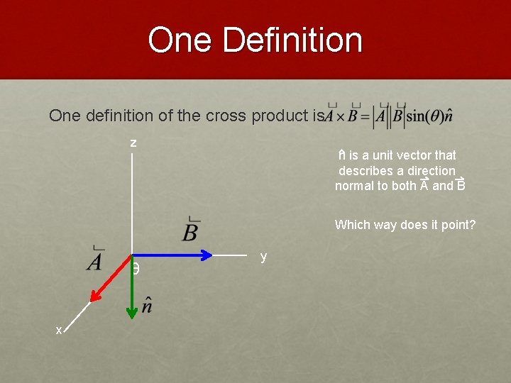 One Definition One definition of the cross product is z n is a unit