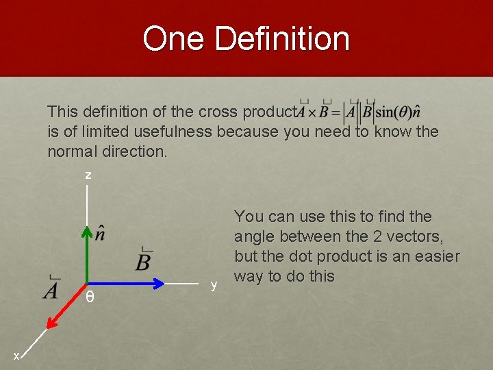 One Definition This definition of the cross product is of limited usefulness because you