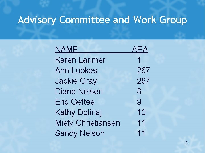 Advisory Committee and Work Group NAME Karen Larimer Ann Lupkes Jackie Gray Diane Nelsen