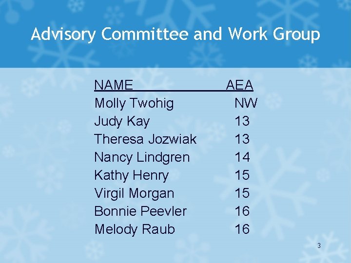 Advisory Committee and Work Group NAME Molly Twohig Judy Kay Theresa Jozwiak Nancy Lindgren
