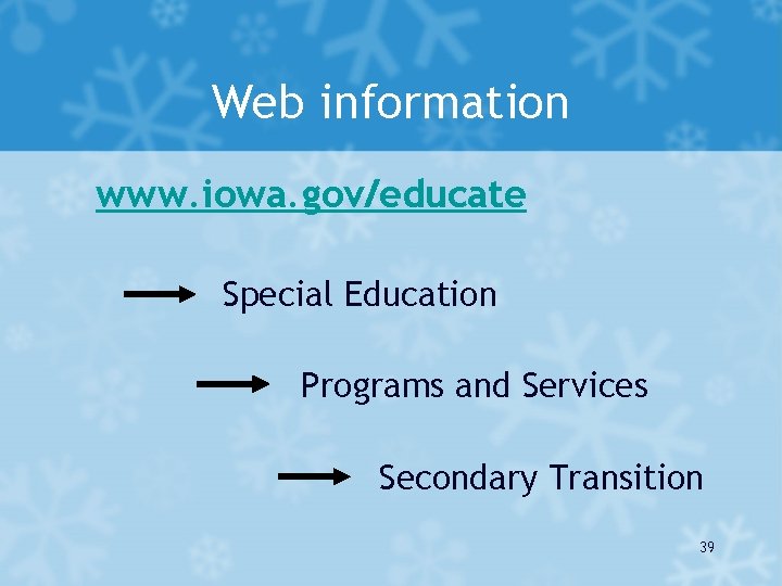 Web information www. iowa. gov/educate Special Education Programs and Services Secondary Transition 39 