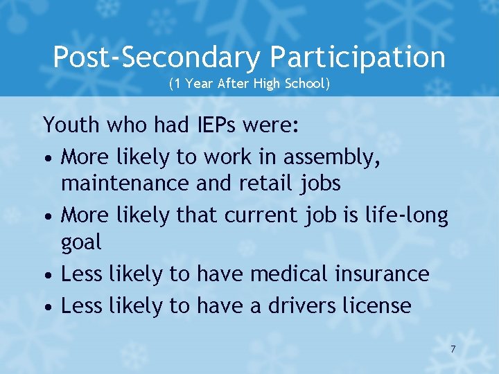 Post-Secondary Participation (1 Year After High School) Youth who had IEPs were: • More