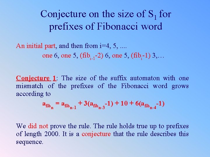 Conjecture on the size of S 1 for prefixes of Fibonacci word An initial