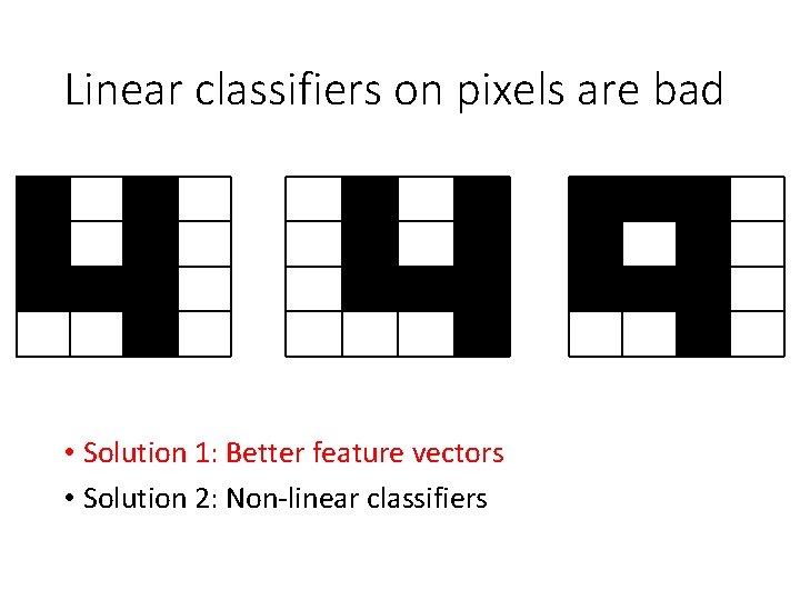 Linear classifiers on pixels are bad • Solution 1: Better feature vectors • Solution Linear classifiers on pixels are bad • Solution 1: Better feature vectors • Solution
