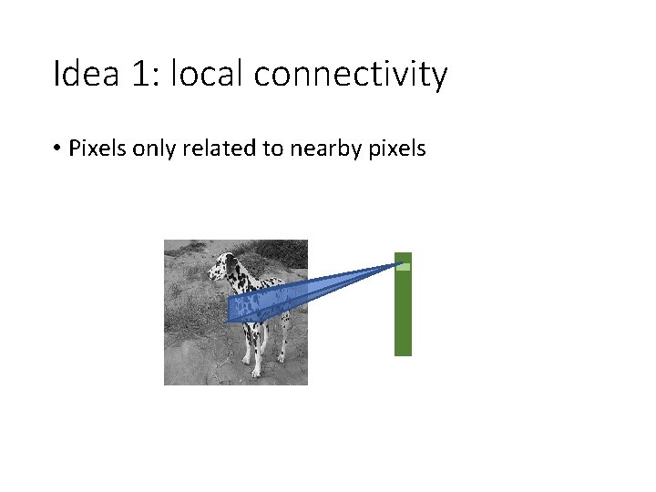 Idea 1: local connectivity • Pixels only related to nearby pixels Idea 1: local connectivity • Pixels only related to nearby pixels