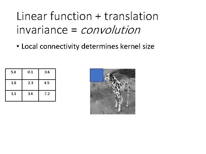 Linear function + translation invariance = convolution • Local connectivity determines kernel size 5. Linear function + translation invariance = convolution • Local connectivity determines kernel size 5.