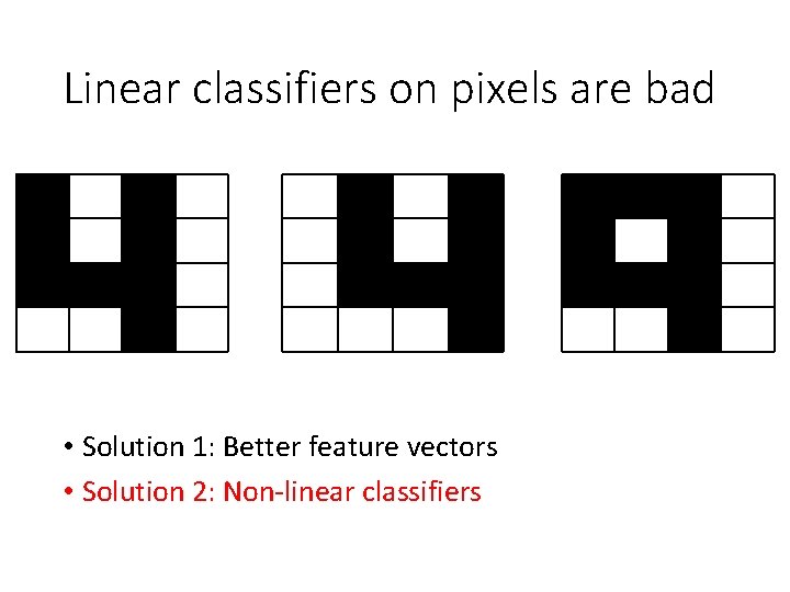 Linear classifiers on pixels are bad • Solution 1: Better feature vectors • Solution Linear classifiers on pixels are bad • Solution 1: Better feature vectors • Solution