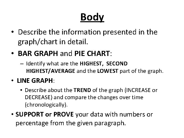 Body • Describe the information presented in the graph/chart in detail. • BAR GRAPH