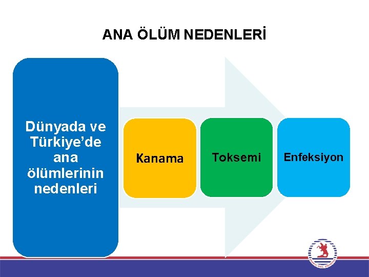 ANA ÖLÜM NEDENLERİ Dünyada ve Türkiye’de ana ölümlerinin nedenleri Kanama Toksemi Enfeksiyon 