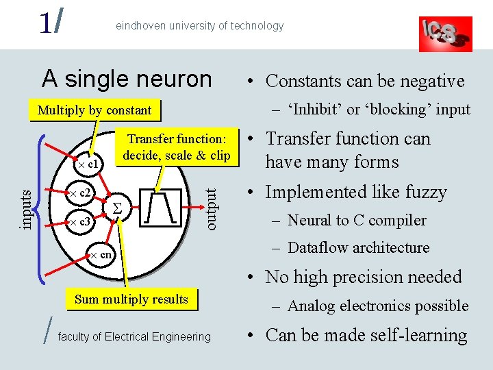 1/ eindhoven university of technology A single neuron – ‘Inhibit’ or ‘blocking’ input Multiply