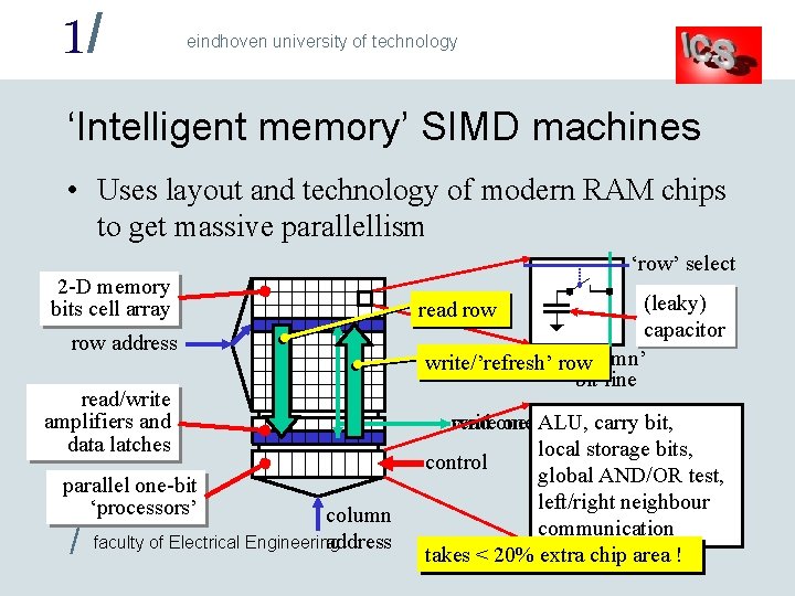 1/ eindhoven university of technology ‘Intelligent memory’ SIMD machines • Uses layout and technology