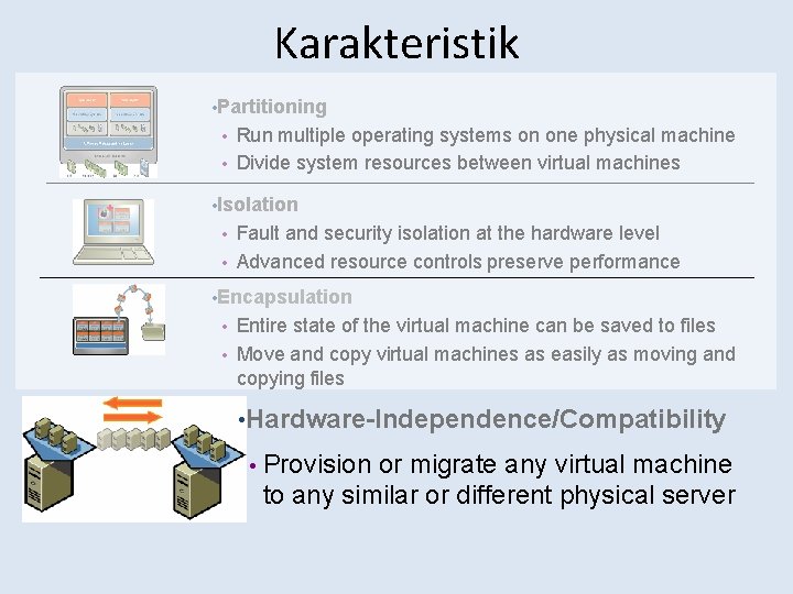 Karakteristik • Partitioning Run multiple operating systems on one physical machine Divide system resources