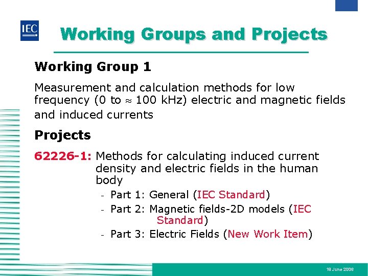 Working Groups and Projects Working Group 1 Measurement and calculation methods for low frequency