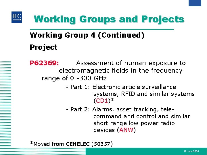 Working Groups and Projects Working Group 4 (Continued) Project P 62369: Assessment of human