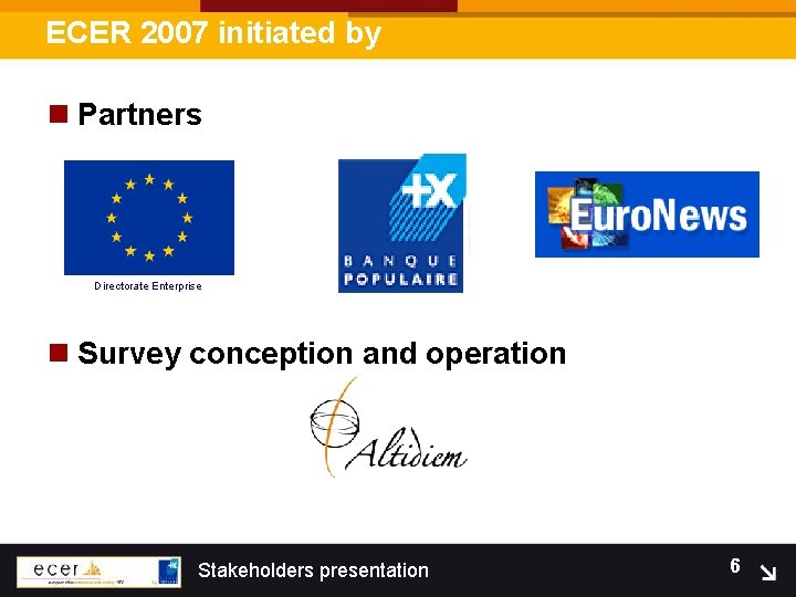 ECER 2007 initiated by n Partners Directorate Enterprise n Survey conception and operation Stakeholders