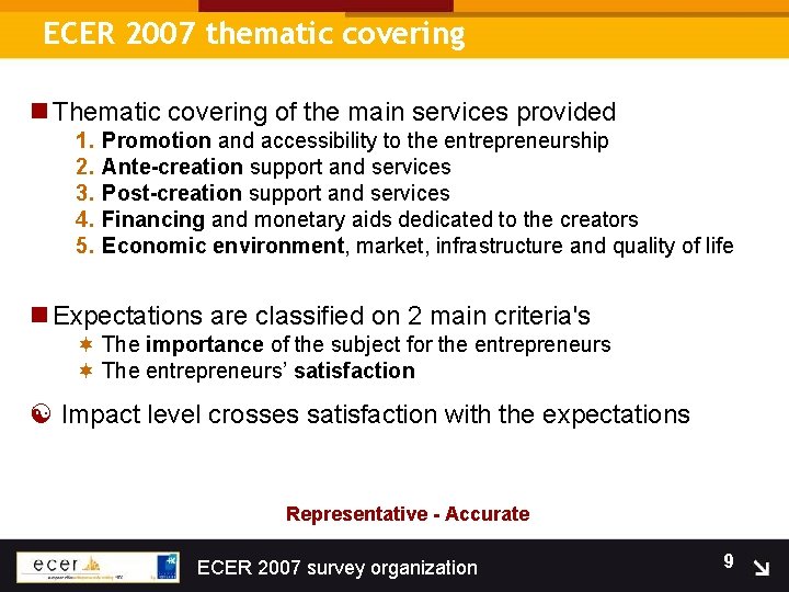 ECER 2007 thematic covering n Thematic covering of the main services provided 1. 2.