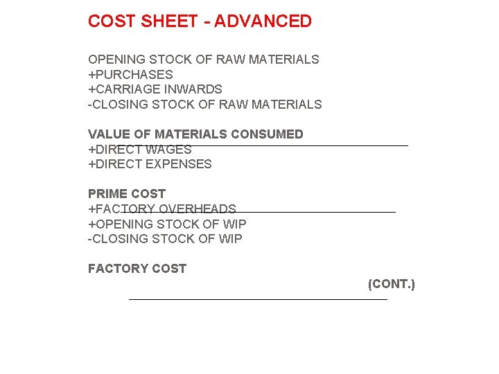 COST SHEET - ADVANCED OPENING STOCK OF RAW MATERIALS +PURCHASES +CARRIAGE INWARDS -CLOSING STOCK