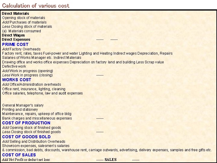 Calculation of various cost Direct Materials Opening stock of materials Add Purchases of materials