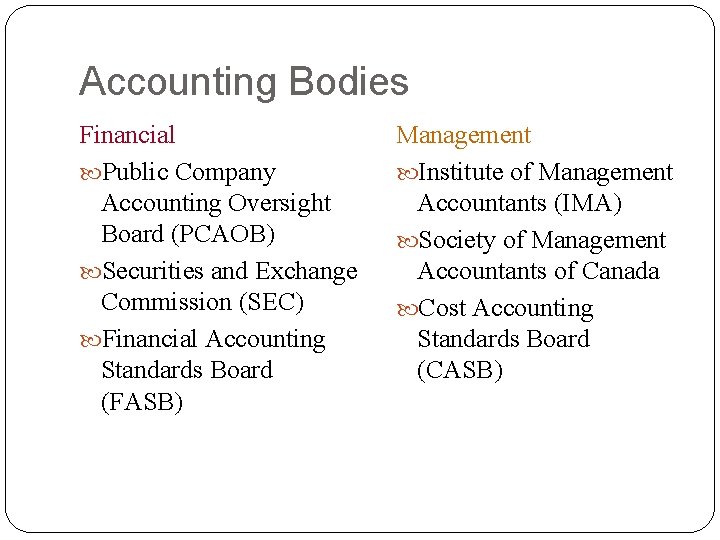 Accounting Bodies Financial Public Company Accounting Oversight Board (PCAOB) Securities and Exchange Commission (SEC)