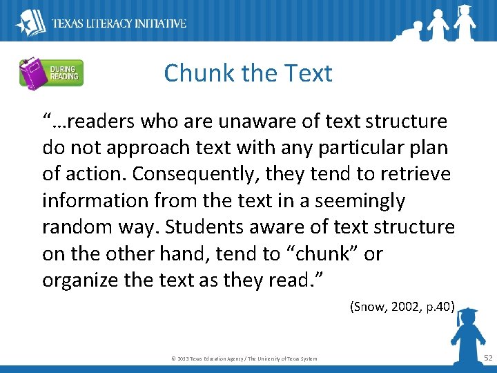 Chunk the Text “…readers who are unaware of text structure do not approach text