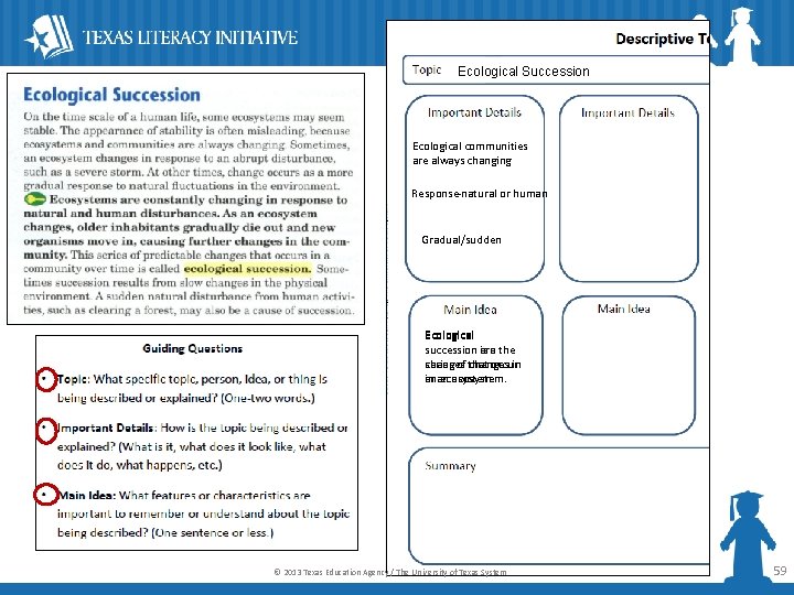 Ecological Succession Ecological communities are always changing Response-natural or human Gradual/sudden Ecological succession is
