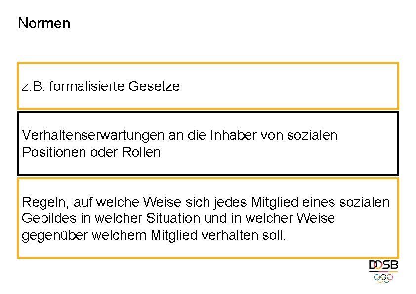 Normen z. B. formalisierte Gesetze Verhaltenserwartungen an die Inhaber von sozialen Positionen oder Rollen