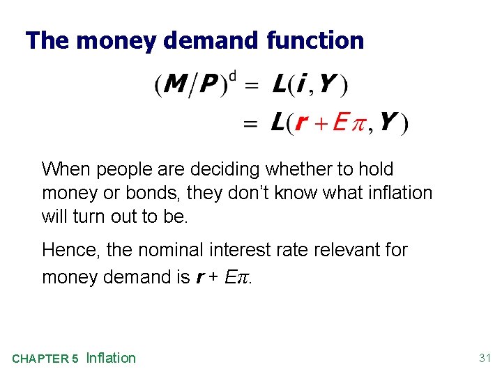 The money demand function When people are deciding whether to hold money or bonds,