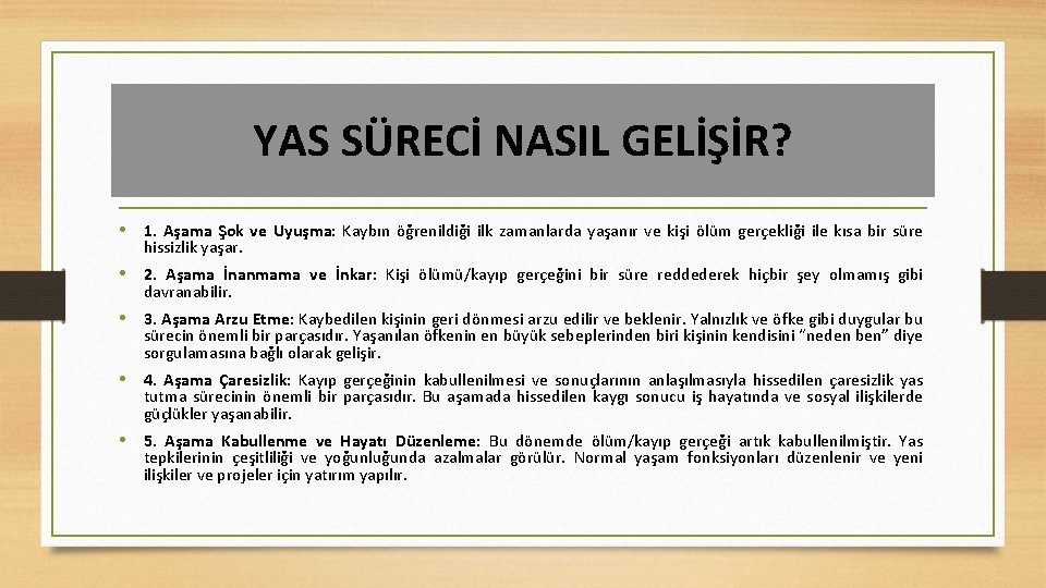 YAS SÜRECİ NASIL GELİŞİR? • 1. Aşama Şok ve Uyuşma: Kaybın öğrenildiği ilk zamanlarda