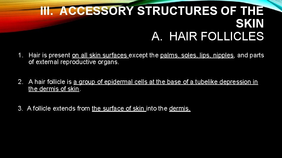 III. ACCESSORY STRUCTURES OF THE SKIN A. HAIR FOLLICLES 1. Hair is present on
