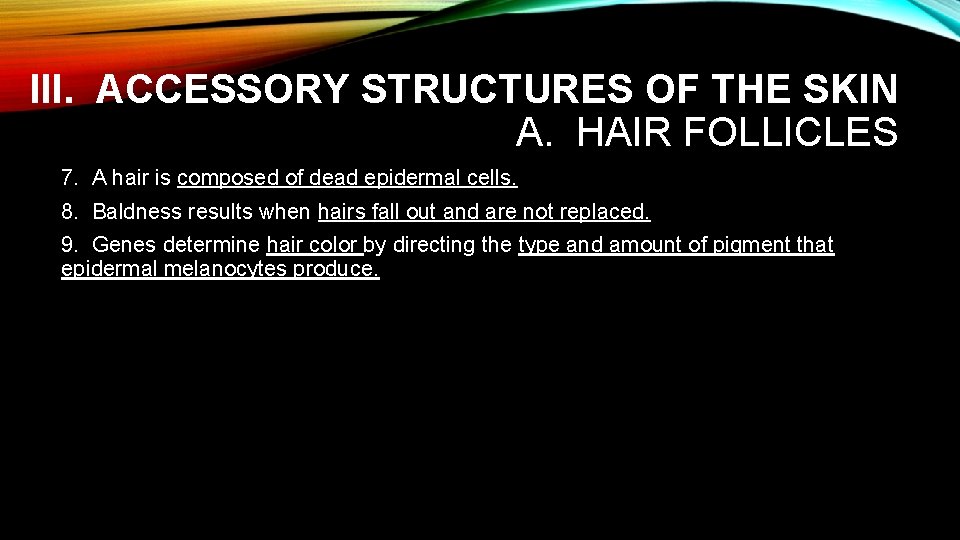 III. ACCESSORY STRUCTURES OF THE SKIN A. HAIR FOLLICLES 7. A hair is composed