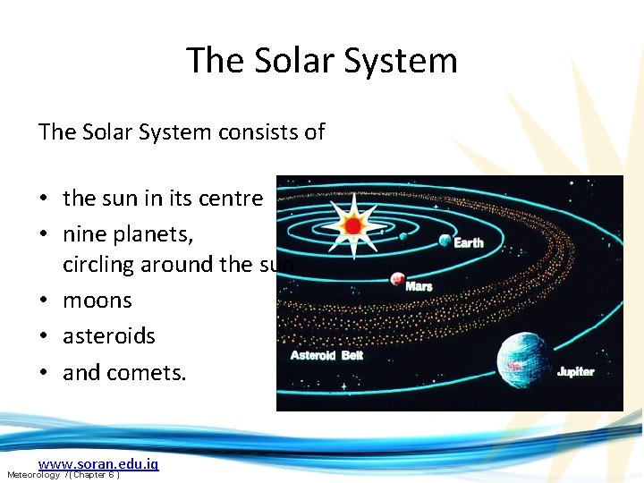 The Solar System consists of • the sun in its centre • nine planets,