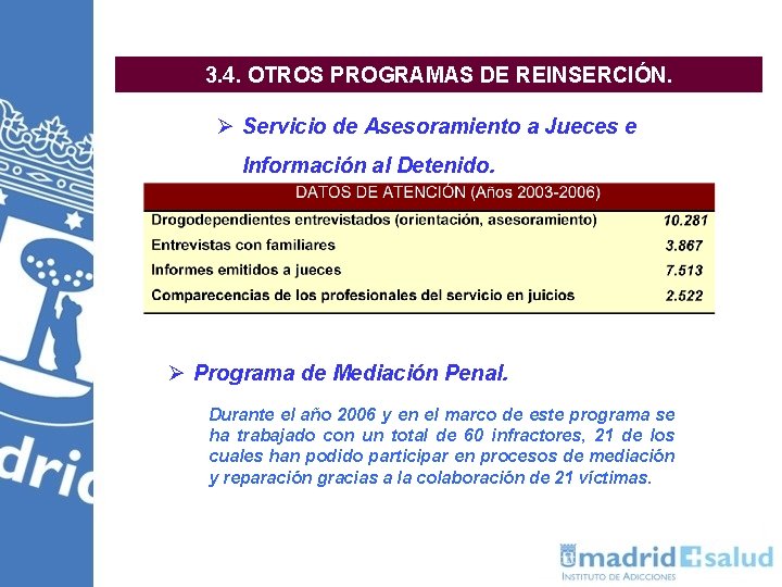 3. 4. OTROS PROGRAMAS DE REINSERCIÓN. Ø Servicio de Asesoramiento a Jueces e Información 3. 4. OTROS PROGRAMAS DE REINSERCIÓN. Ø Servicio de Asesoramiento a Jueces e Información