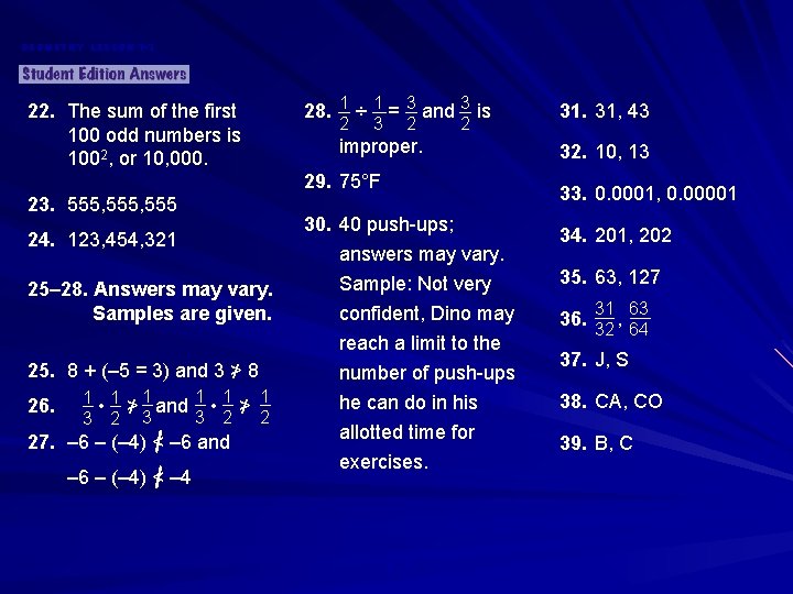 GEOMETRY LESSON 1 -1 22. The sum of the first 100 odd numbers is