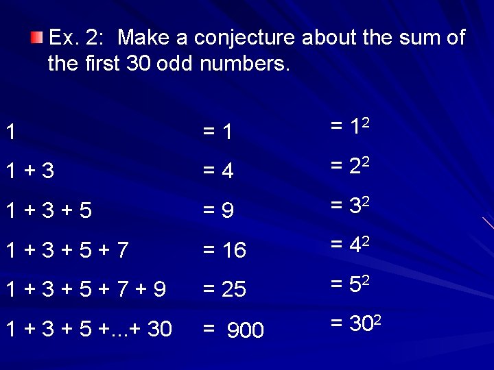 Ex. 2: Make a conjecture about the sum of the first 30 odd numbers.