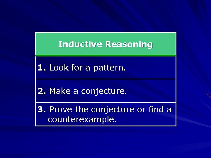 Inductive Reasoning 1. Look for a pattern. 2. Make a conjecture. 3. Prove the