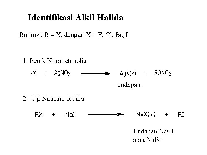 Identifikasi Alkil Halida Rumus : R – X, dengan X = F, Cl, Br,
