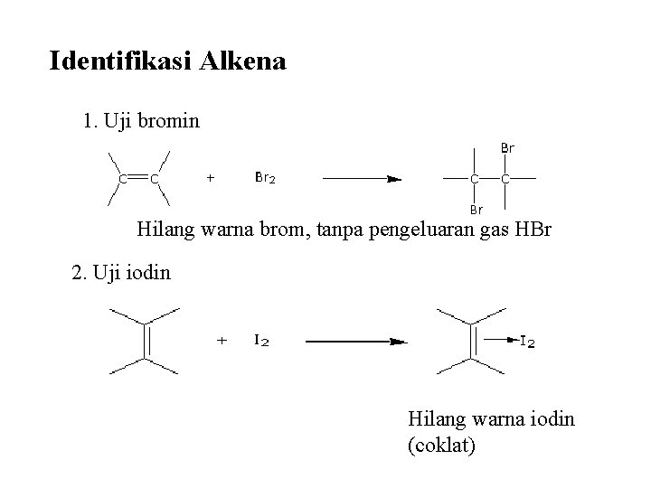 Identifikasi Alkena 1. Uji bromin Hilang warna brom, tanpa pengeluaran gas HBr 2. Uji