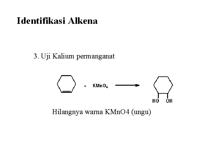 Identifikasi Alkena 3. Uji Kalium permanganat Hilangnya warna KMn. O 4 (ungu) 