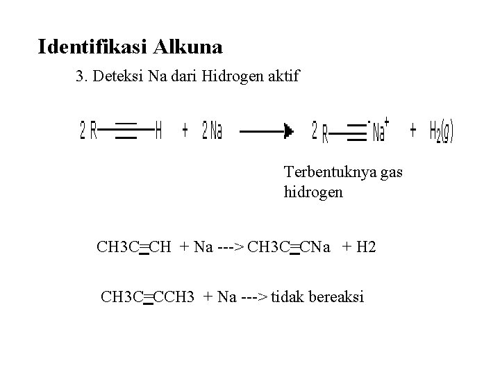 Identifikasi Alkuna 3. Deteksi Na dari Hidrogen aktif Terbentuknya gas hidrogen CH 3 C=CH