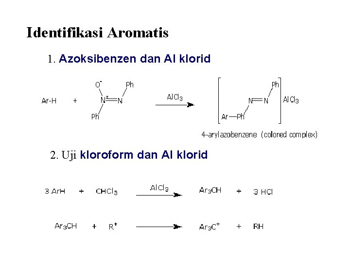 Identifikasi Aromatis 1. Azoksibenzen dan Al klorid 2. Uji kloroform dan Al klorid 