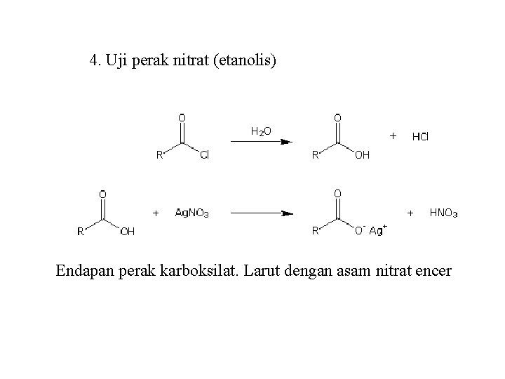4. Uji perak nitrat (etanolis) Endapan perak karboksilat. Larut dengan asam nitrat encer 